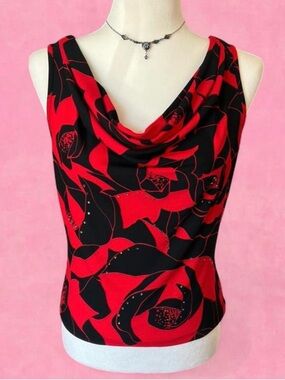 Vintage Express Red and Black Floral Sleeveless Top with silver rhinestones
